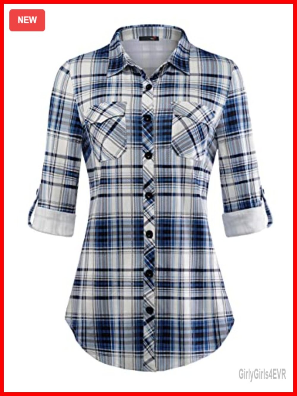 Womens Soft Stretchy Knit Plaid Button Down Blouse Roll Up Long Sleeve